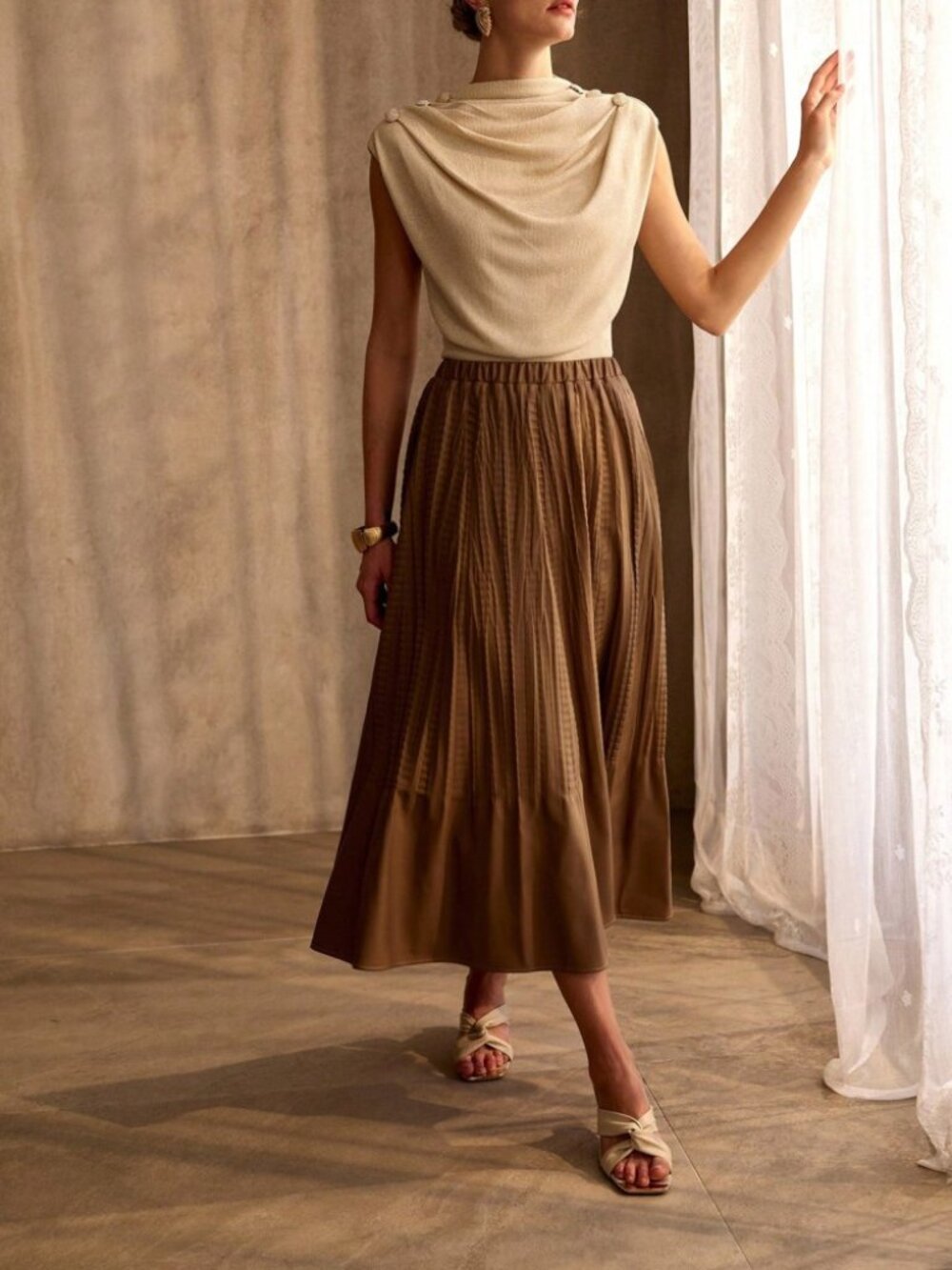 Brown Faux Leather Crinkled Pleated Elastic Waist A-Line Maxi Skirt - Picture 6 of 7